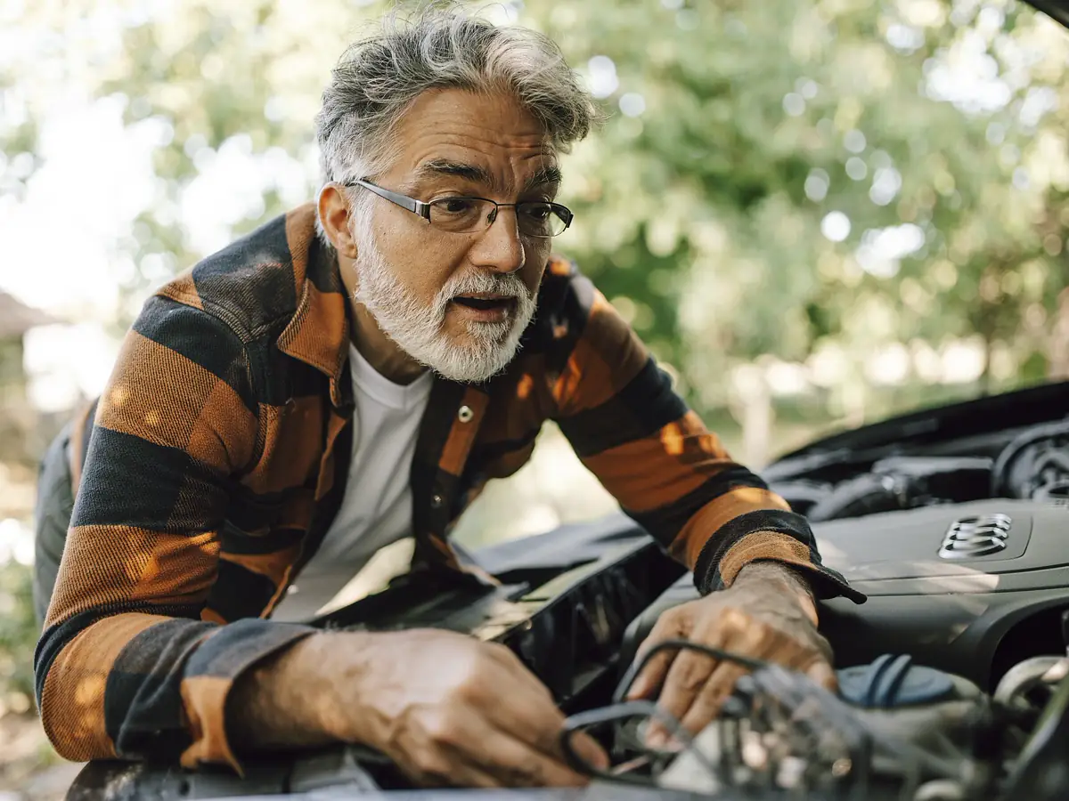 Experienced mechanic leaning over an open engine bay while working on a car