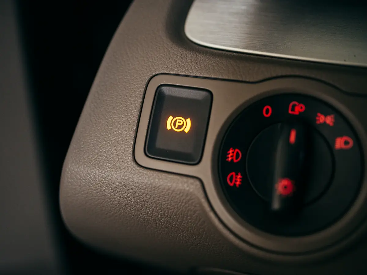 Dashboard parking brake warning light glowing amber in a dim car interior