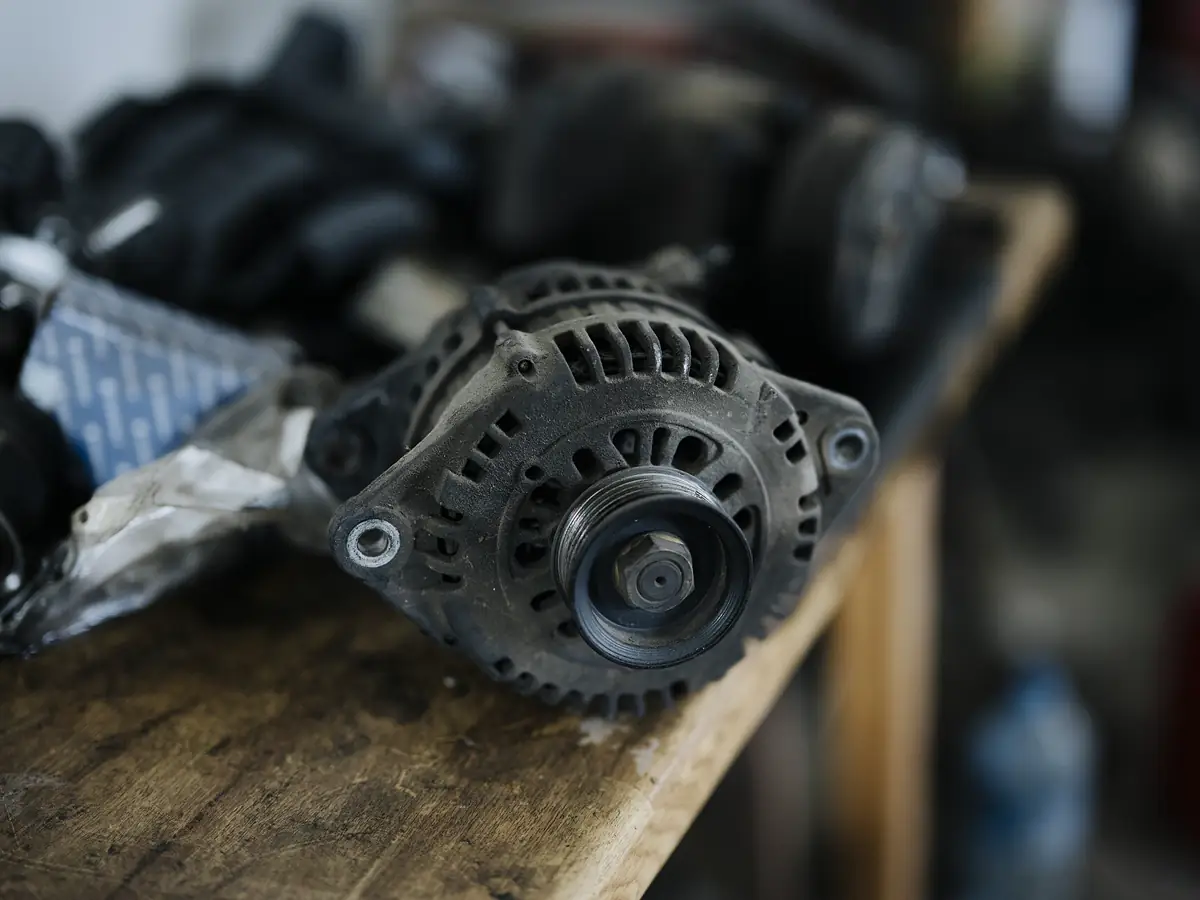 Alternator with drive belt and wiring connectors mounted on a vehicle engine